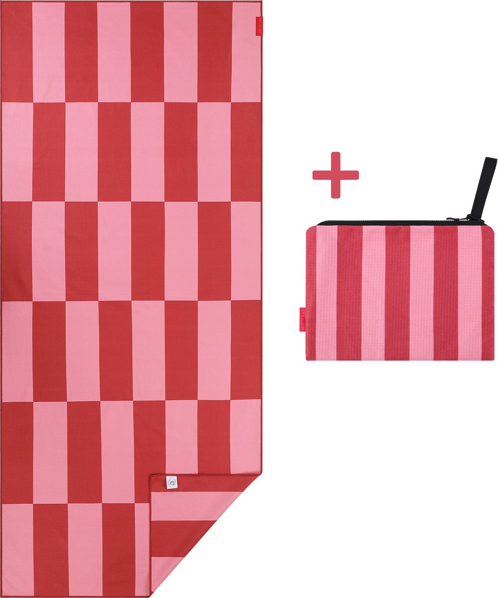 PIECE OF SUN® - Luxe Duurzaam Strandlaken 90x200 cm + Beach Pocket – Roze Rood – Zandvrij Sneldrogend Microvezel Badlaken – XXL Strandhanddoek – 85% Gerecycled – Cadeau Vrouw