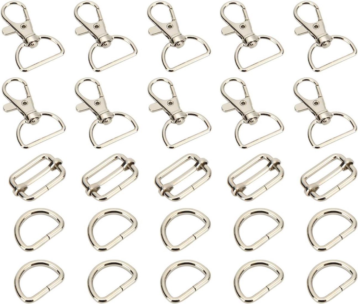 Sleutelhanger Haken Set - Karabijnhaak D-ringen - Tassen Maken - 360 Graden Draaibaar - 3/4 Inch - Zilver