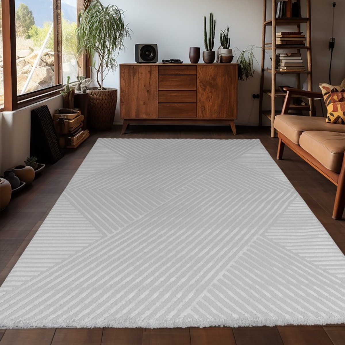 TapisTrend Designer tapijt Geld 160x230 cm Binnenkleed met zigzagpatroon, zilverkleurig, voor de woonkamer, antislip, platgeweven, comfortabel
