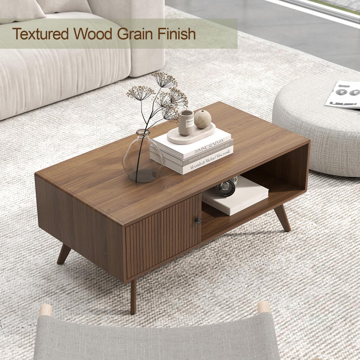 Salontafel rechthoekig 105x55x45 cm – walnoot hout met opbergruimte en lade – moderne mid-century woonkamertafel met open rek – Urbanhome