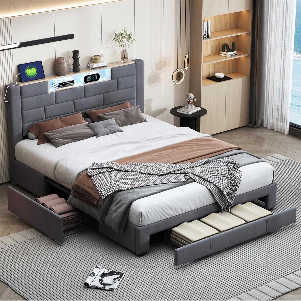 Gestoffeerd Tweepersoonsbed - Bed met LED - Ontspannen Slapen - Geïntegreerde Oplaadpoorten - 140x200 cm - Grijs