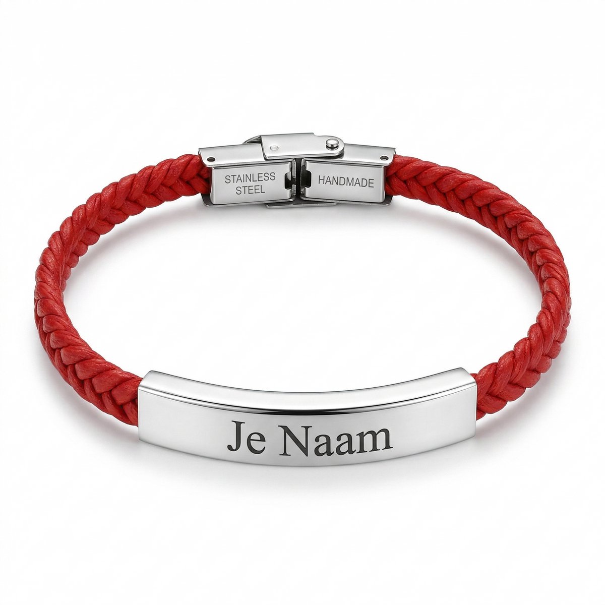 Armband met graveer, Armband met naam, Gepersonaliseerde rode gevlochten armband met naamgravure - opvallend design, Armband met naamplaatje ,graveerarmband