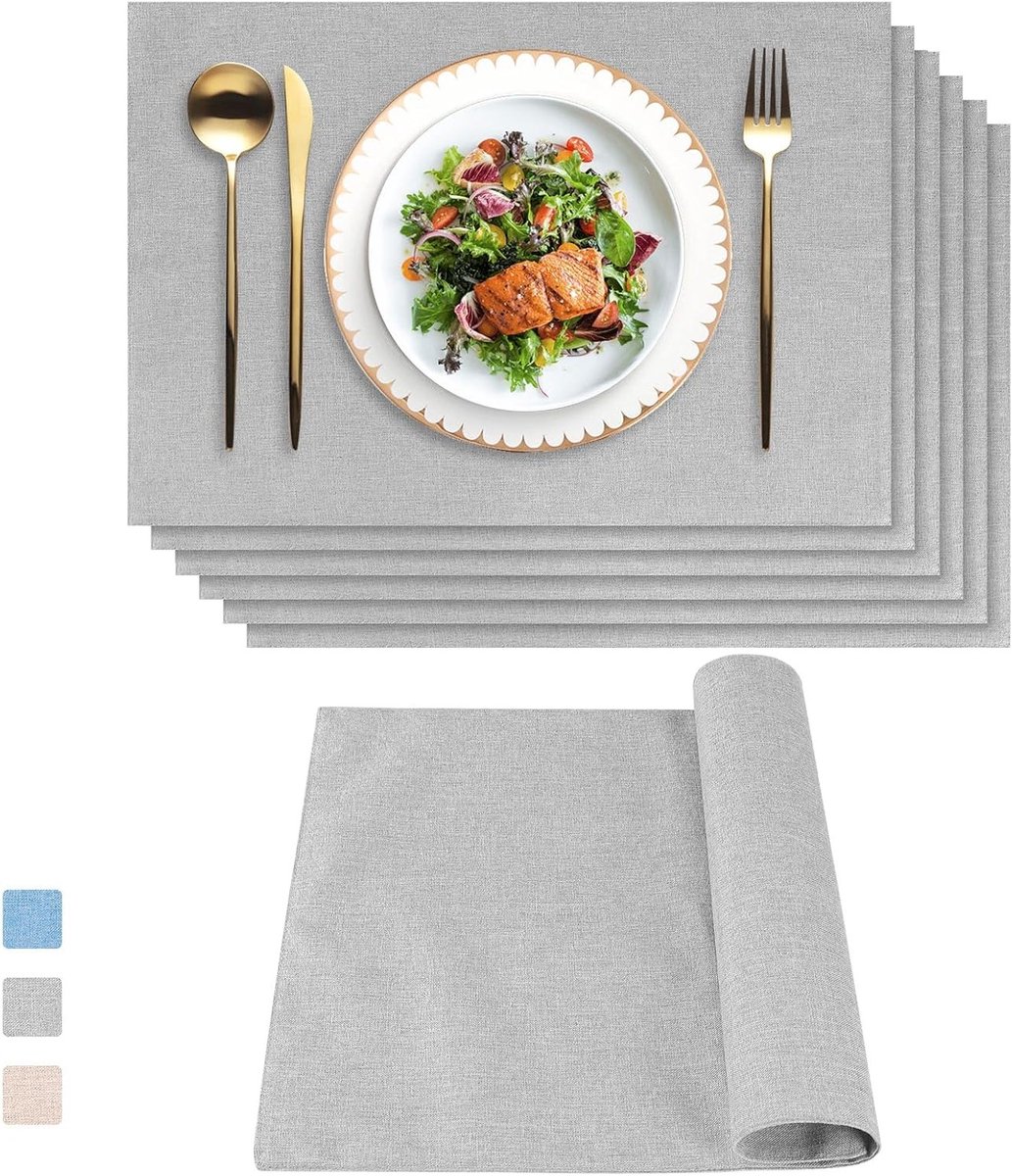 Set van 6 Wasbare Dubbelzijdige Tafelkleden voor Thuis, Eten, Keuken en Restaurant - Grijs
