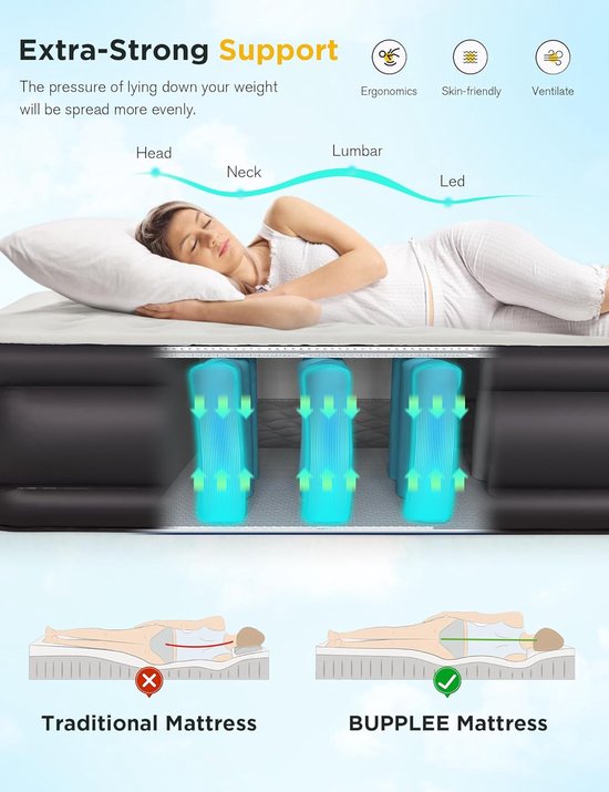 Luchtbed - Opblaasmatras Kampeerbed - Comfortabel Slapen - Geïntegreerde Pomp - 457 cm Hoog - Zwart — afbeelding 4