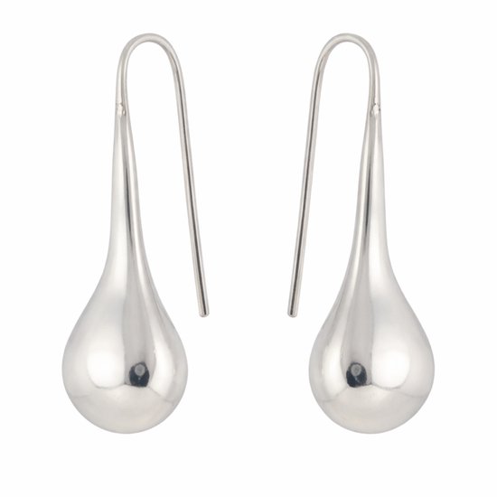 Deux boucles d'oreilles goutte en argent avec crochet, sur fond blanc.