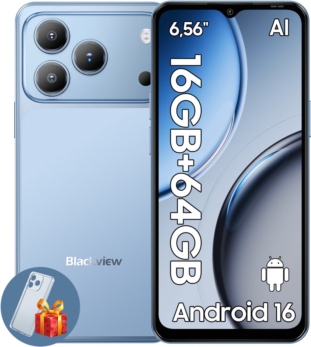 Blackview WAVE 7C Smartphone 4G AI - DUAL SIM - 16GB RAM - 64GB ROM - Android 16 Telefoon - 6,56 inch - 5000mAh - GPS - Blauw
