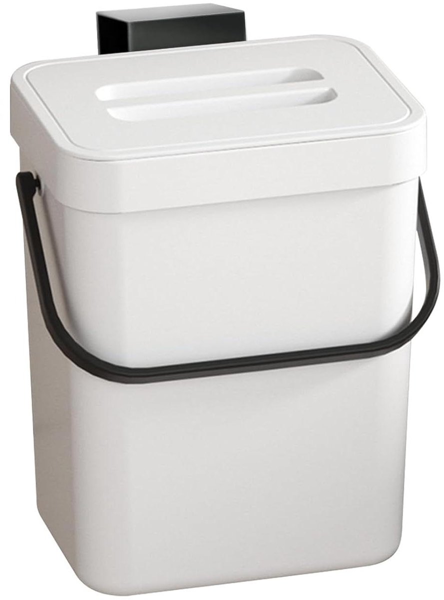 Prullenbak met deksel - Vuilnisbak Compostbak - Afval scheiden thuis - Geurvrij en hangend - 5 liter 25 cm - Wit
