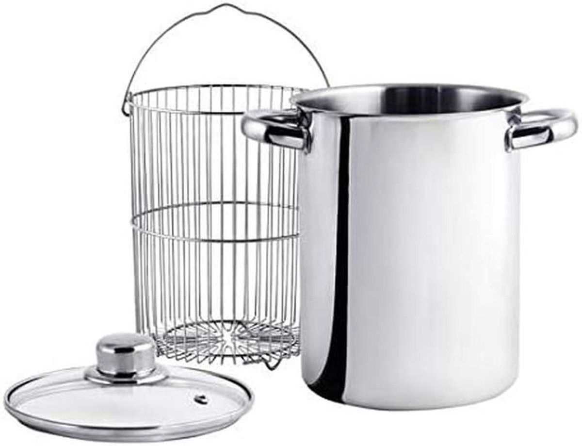 Aspergepan - Groentepan Spaarpot - Groenten Koken - Met Uitneembare Mand - 16 cm - Zilver