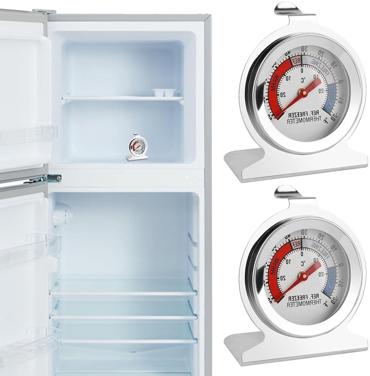 2 Stuks Koelkastthermometer van RVS, Nauwkeurige Temperatuurmeting voor Koelkast en Vriezer, Bereik -30°C tot 30°C, Duidelijke Wijzerplaat voor Thuisgebruik en Professionele Keukens