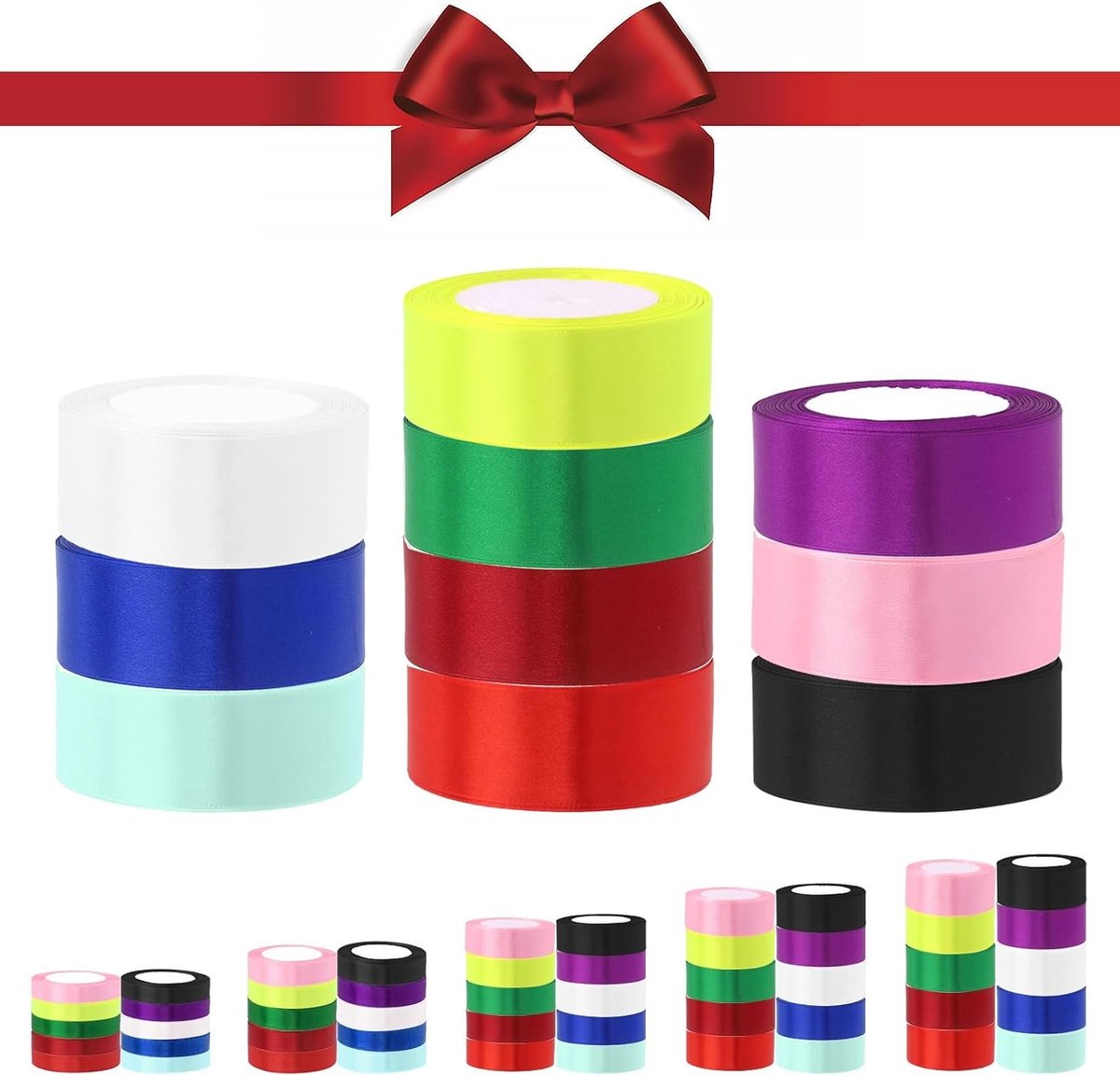 Set van 10 Kleurige Satijnen Ribbons van 1 Inch x 25 Yards voor Cadeauverpakking, Haarstrikken en Bruiloftdecoratie