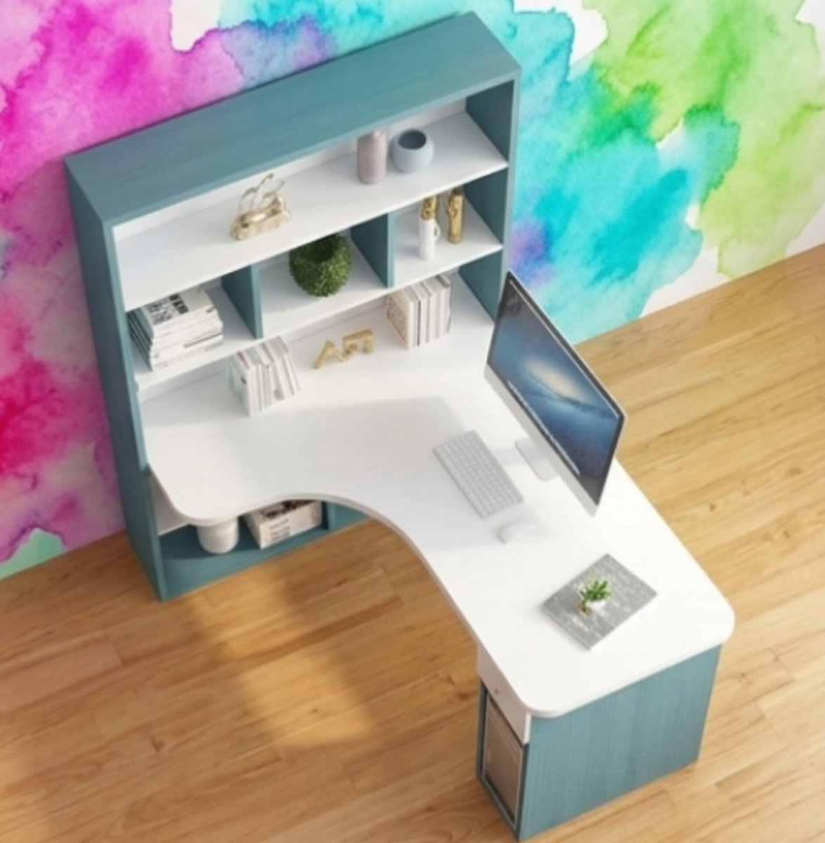 Hoekbureau L-vorm 120x60x160 cm Blauw Hout met Opzetstuk en Lade – Omkeerbaar Modern Computerbureau met Planken, Werkbureau voor Thuiswerkplek – Urbanhome