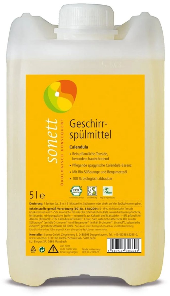 Afwasmiddel Calendula 5 liter Natuurlijk Ecologisch Vloeibaar Vaatwasmiddel met Plantaardige Zeep, Biologisch Afbreekbaar & Huidvriendelijk voor Stralend Schone Vaat