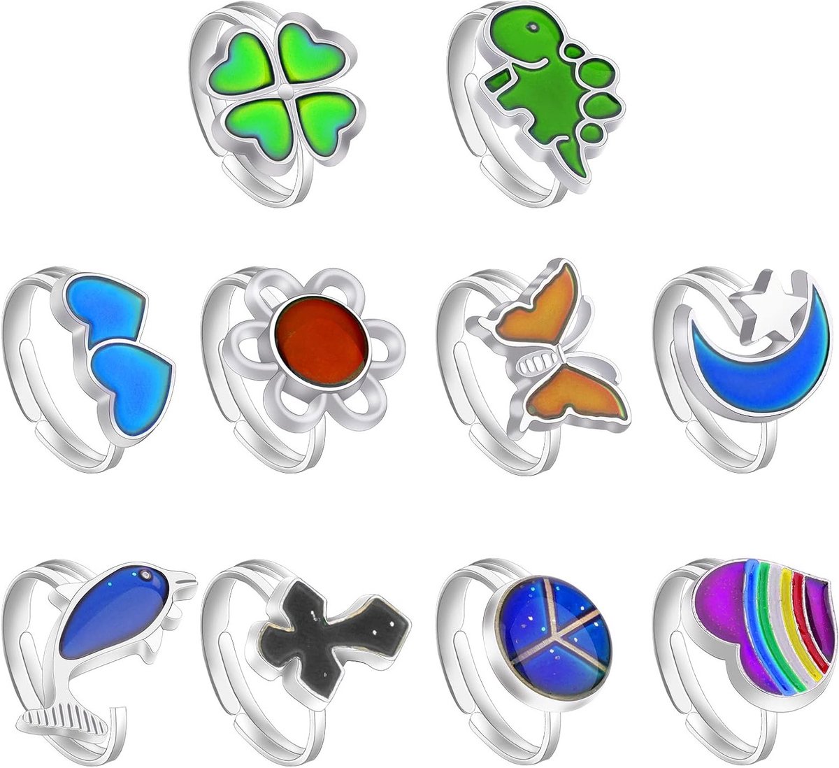 10 Stuks Verstelbare Mood Rings, Kleurveranderende Ringen met Schattige Bloemen en Dieren, Perfect voor Jongens en Meisjes