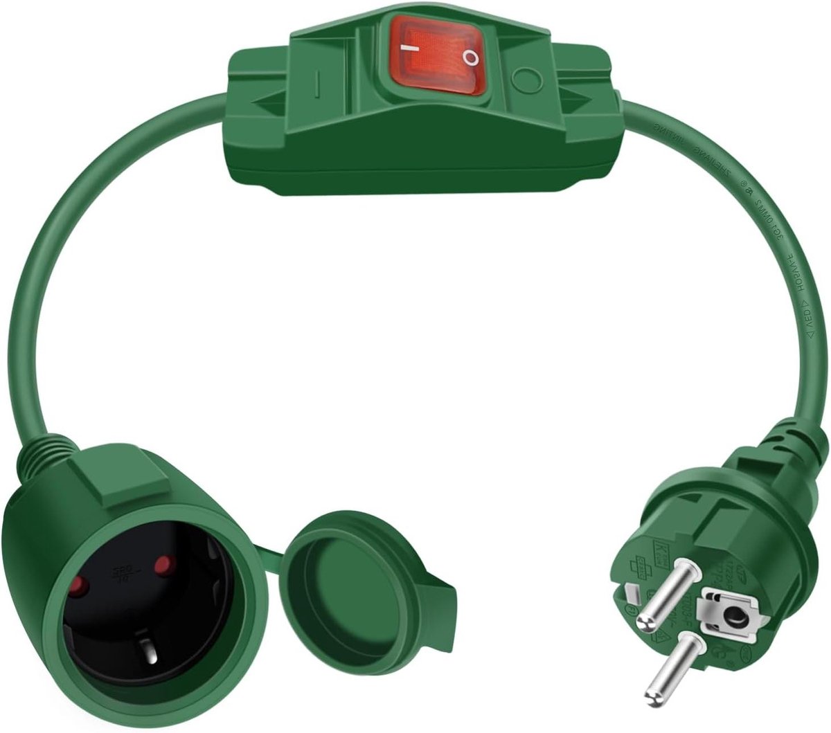 Schuko Verlengkabel - Geaarde Kabel met Schakelaar - Binnen of Buiten Gebruik - Waterdicht IP44 - 0.5 meter - Groen