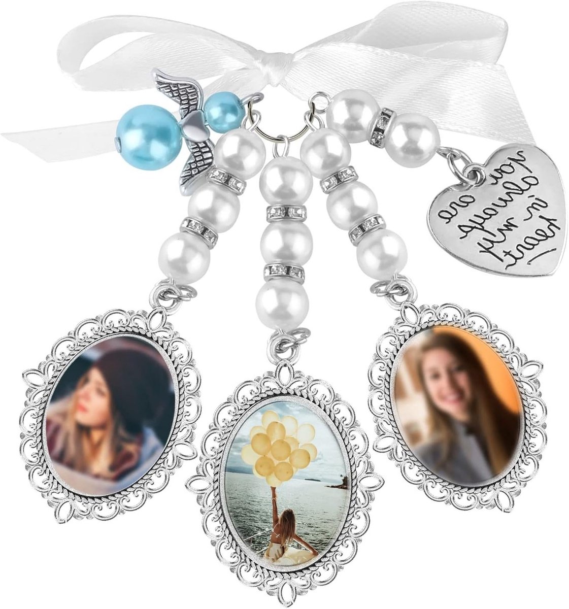 Huwelijksfoto Bouquet Pendant met 3 Foto Frames, Ovale Cabochons en Strik, Ideaal voor Bruidsboeket en Bruiloft Decoratie, Stijlvolle Accessoire met Rhinestone en Parels
