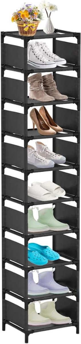 HEZIVO® Schoenenrek Hoog - Smalle Schoenenbank - Open Schoenenkast - Opbergkast Schoenen - 10-Laags - Zwart