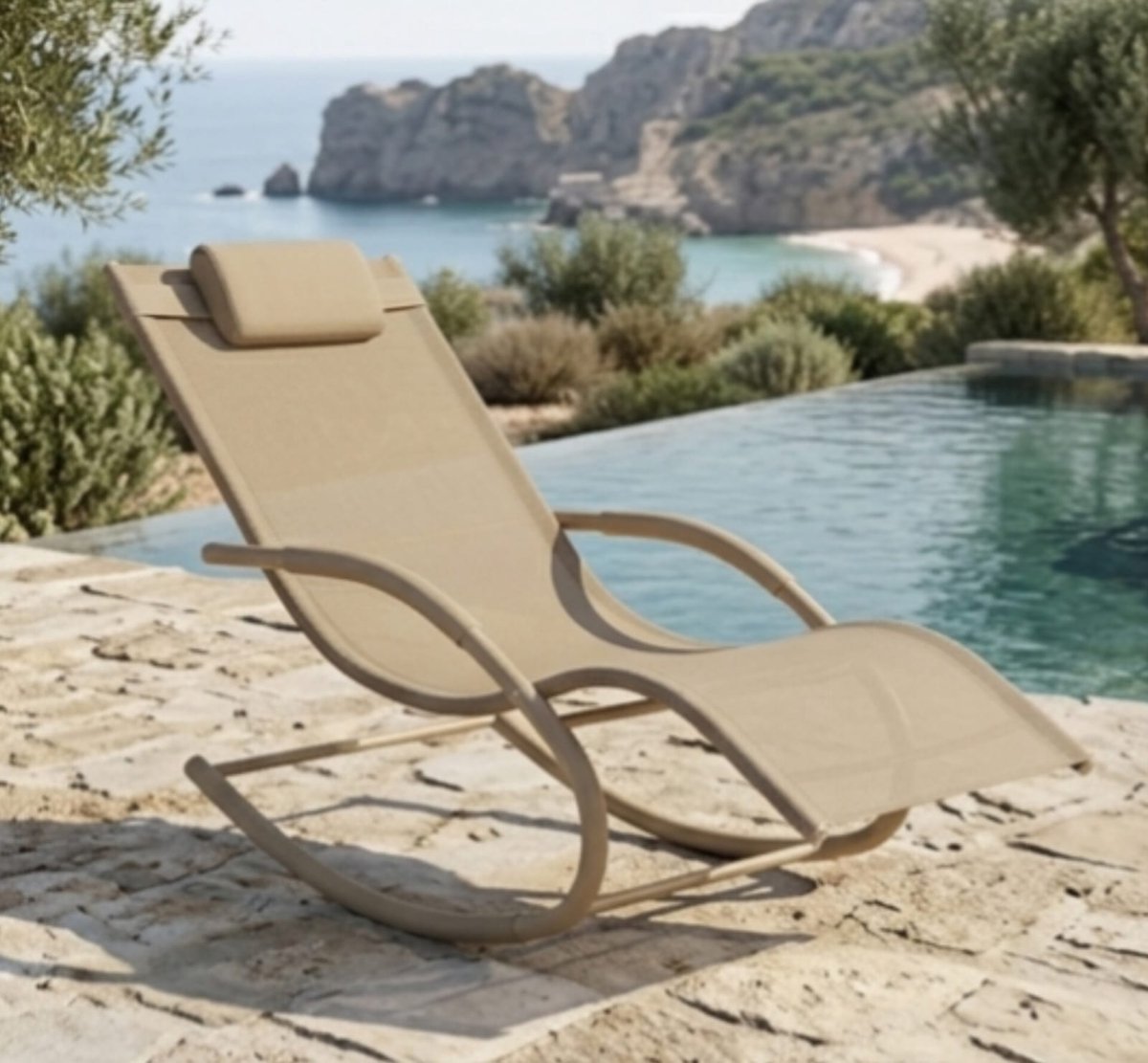 Zonneligstoel 2 Personen 150x63x87 cm – Schommel Ligbed met Hoofdkussen, Weerbestendige Tuinligstoel voor Balkon, Terras & Camping – Beige – Urbanhome