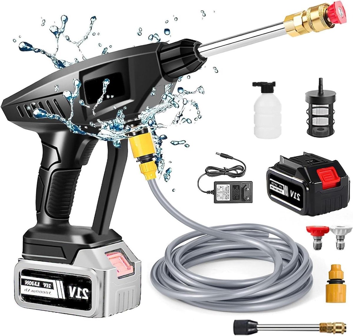 Draadloze hogedrukreiniger - Accu waterpistool - Auto en tuin reinigen - Zuigt water overal - 60 bar 5m slang - Zwart