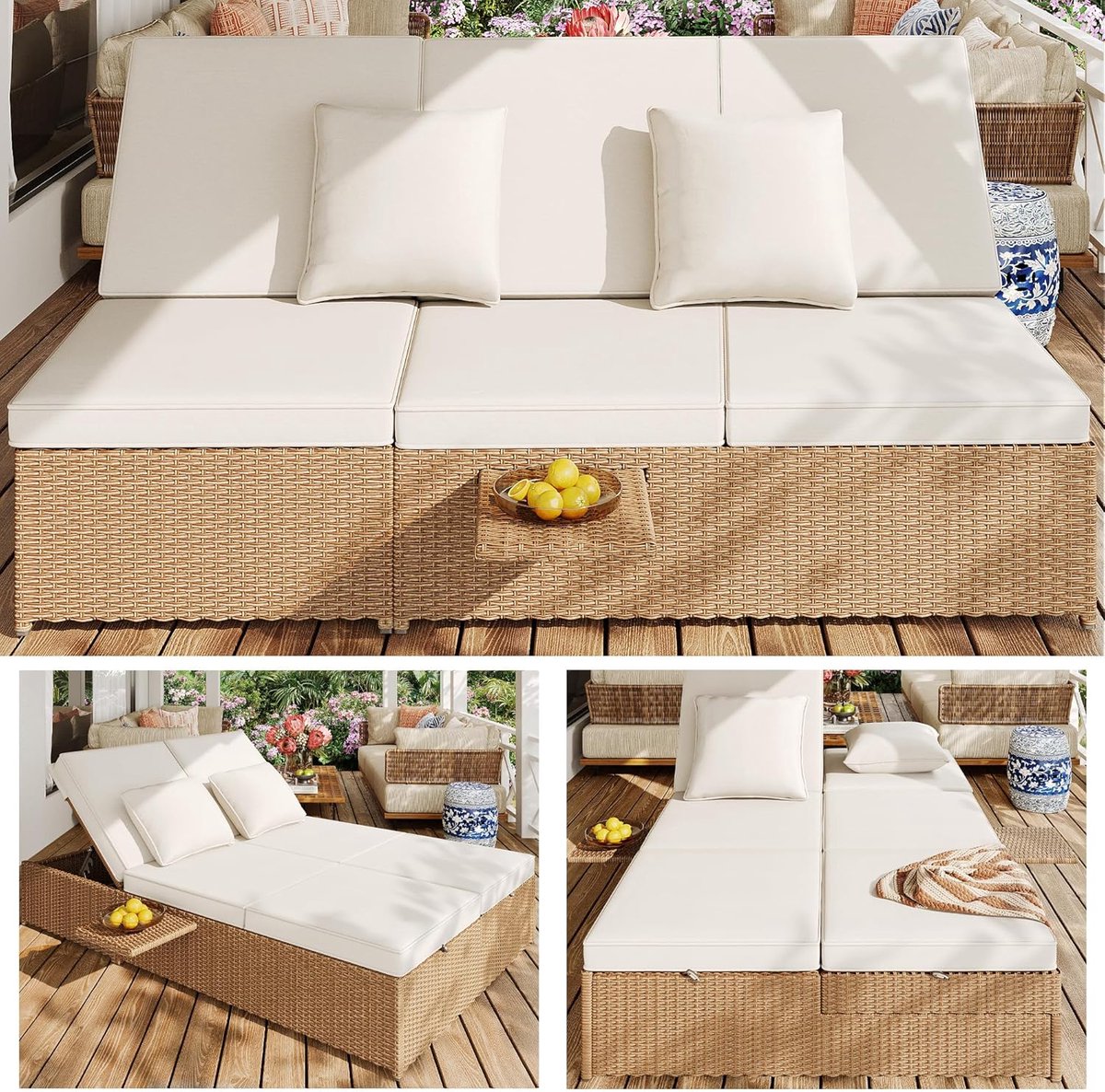 Zonneligstoel 2 Personen Verstelbaar 2-Standen Inklapbaar met Kussens – ABTkantoor Luxe Rotan Hemelligstoel Outdoor Weerbestendig Lounge Bed met Rugleuning, Hoofdsteun & Plank – Tuin, Terras, Balkon – Kaki + Beige D