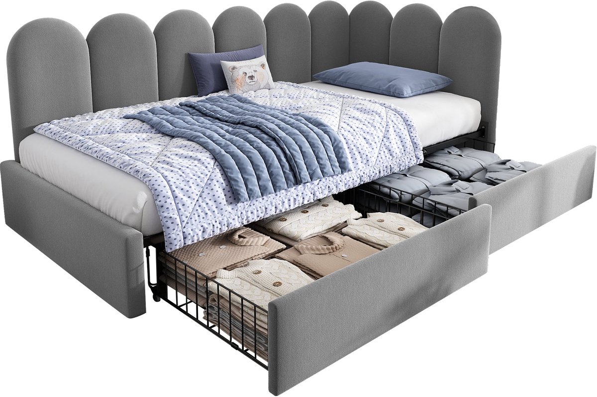 Merax Slaapbank 90x190 cm - Fluweel - Bed met Opbergruimte - 2 Lades - Houten Lattenbodem - Grijs