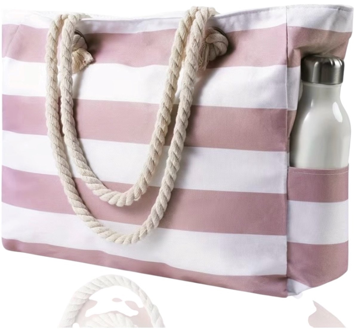 Twenty Two XL strandtas met ritssluiting | binnenvakken en zijvakken| dubbeltouw handvat | roze/wit/beige gestreept | grote strandtas | 50x15x37cm | waterdicht | lichtgewicht | geschikt als strandtas, yogatas, weekendtas, zwemtas, big shopper