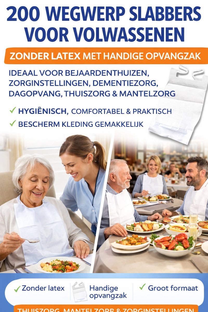 100 WEGWERP SLABBERS ZONDER LATEX THUISZORG MANTELZORG MET OPVANGZAKJE PERFECT VOOR OUDEREN, ZORG, DEMENTIE, BEPERKTE MOBILITEIT & GEHANDICAPTEN HYGIËNISCH, HANDIG & COMFORTABEL BESCHERM JE KLEDING GEMAKKELIJK