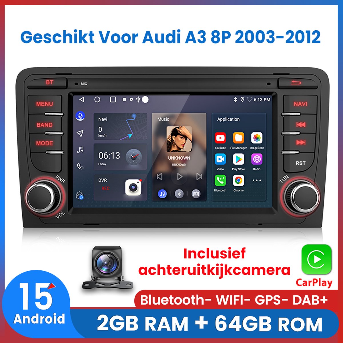 Awesafe Autoradio - Geschikt Voor Audi A3 8P 2003 t/m 2012 - 2GB+64GB - Draadloos Carplay Android Auto - GPS RDS Bluetooth - Navigatie - RAM 2GB + ROM 64GB - Inclusief achteruitkijkcamera - 2003 2004 2005 2006 2007 2008 2009 2010 2011 2012