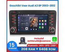 Awesafe Autoradio - Geschikt Voor Audi A3 8P 2003 t/m 2012 - 2GB+64GB - Draadloos Carplay Android Auto - GPS RDS Bluetooth - Navigatie - RAM 2GB + ROM 64GB - Inclusief achteruitkijkcamera - 2003 2004 2005 2006 2007 2008 2009 2010 2011 2012