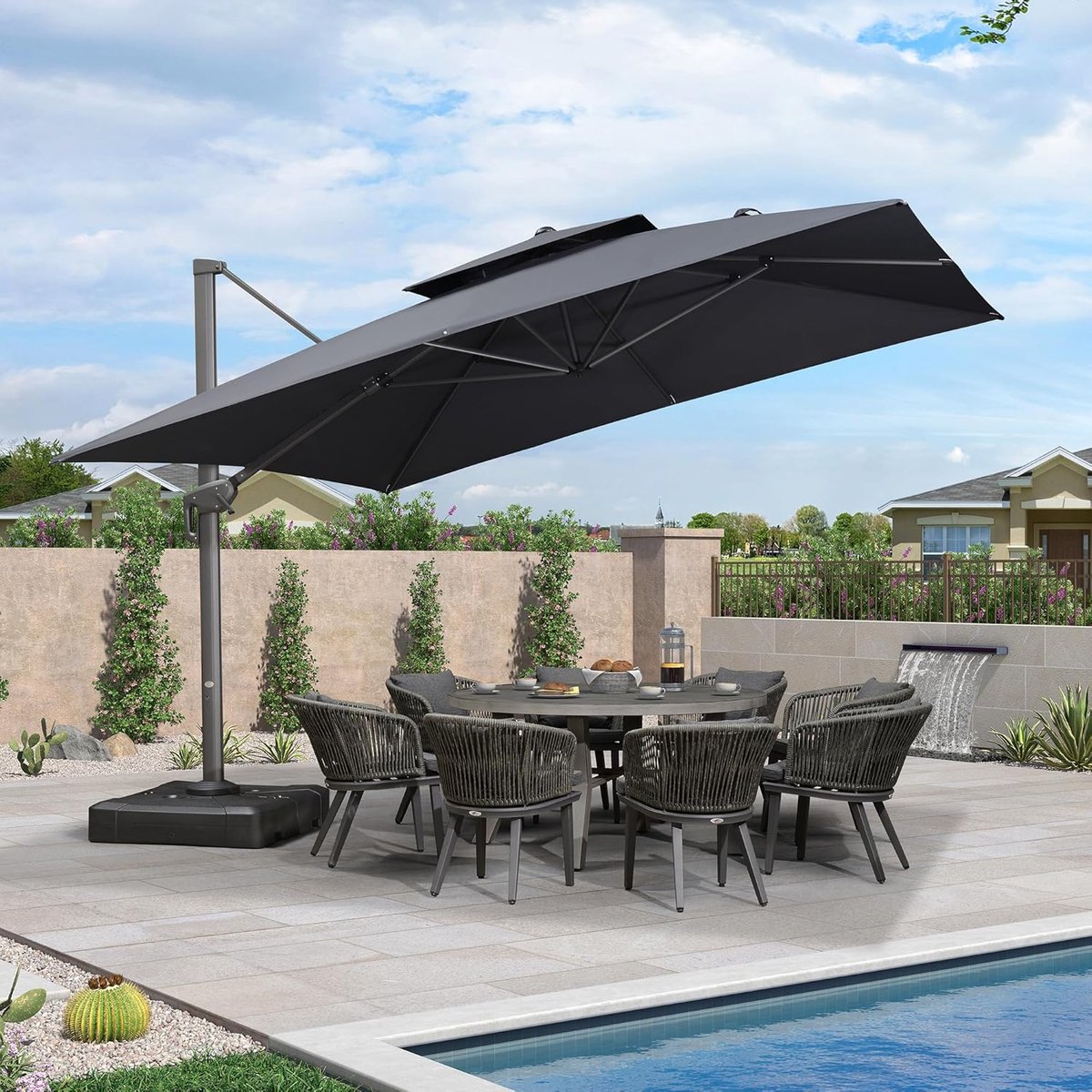 Zweefparasol 400x300 cm Rechthoekig – 360° Draaibaar, Kantelbaar, Aluminium Frame, UV50+ Bescherming, Waterafstotend, Inclusief Parasolvoet – Beige – Laura