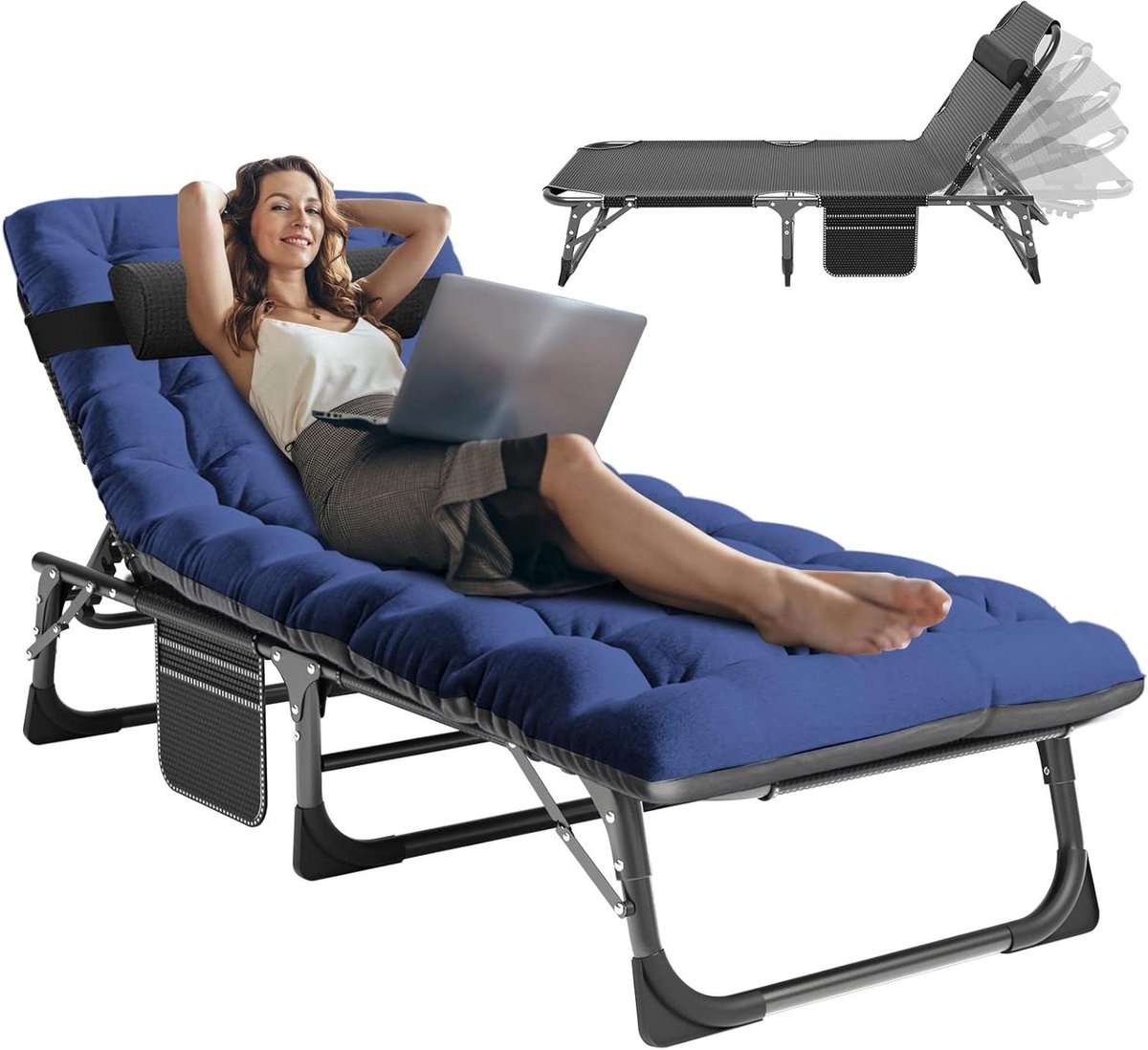 Vouwbaar campingbed - Gastenbed opklapbaar - Kamperen en ontspannen - Dubbellaags 1200D polyester - 75"x27"x11" - Zwart-blauw