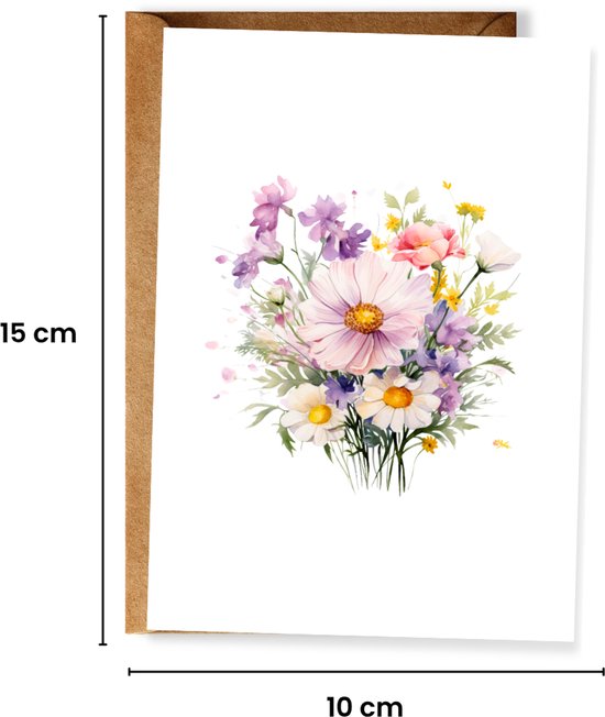 Wenskaart van 10x15 cm met een aquarel boeket van roze en witte bloemen, inclusief een kraftpapieren envelop.