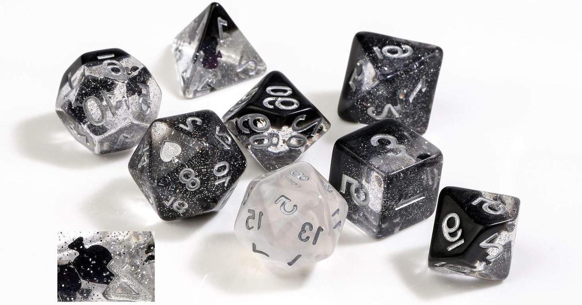 RPG Dobbelstenen Set - Veelvlakse Dobbelstenen - Tabletop Gaming - Schoppen Thema - 7 stuks - Zwart