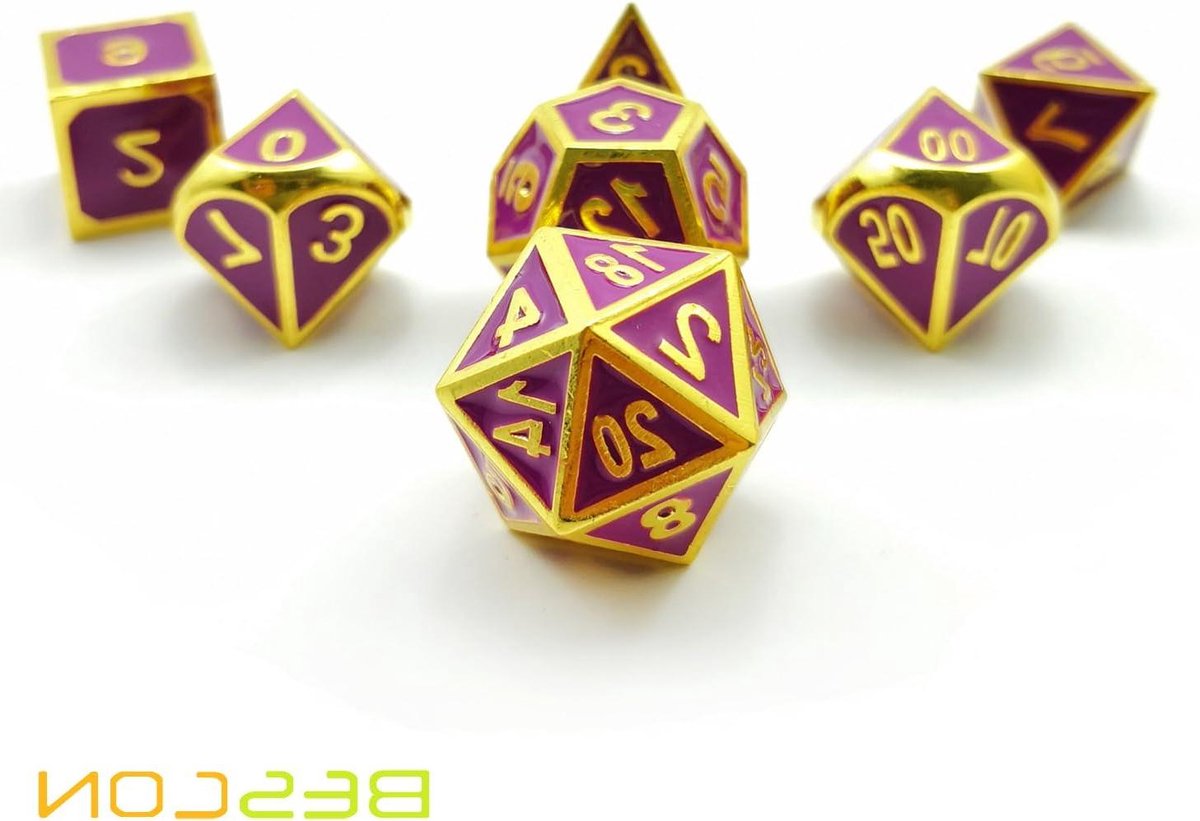 Metal RPG Dobbelstenen - Tafelspel Dobbelstenen - Rollenspel Spelen - Massief Zinklegering - 7 Stuks - Goud Paars