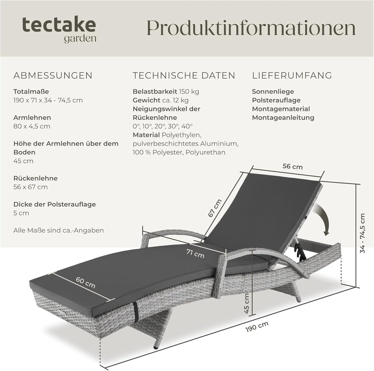 Ligstoel Tuinligbed Polyrotan Aluminium Verstelbare Lounger 190 x 71 x 74,5 cm Weerbestendig Comfort Dagbed Inclusief Kussen – Nicolehome