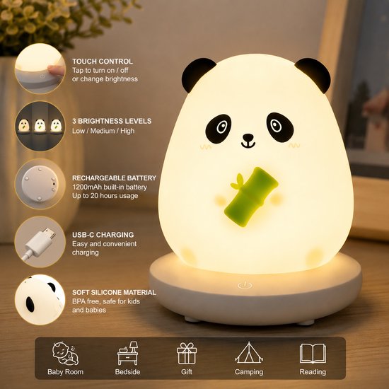 Schattig nachtlampje panda USB siliconen kinder slaaplampje oplaadbaar slaapkamer bed sfeerlicht woondecoratie woonkamer van Binalight — afbeelding 5