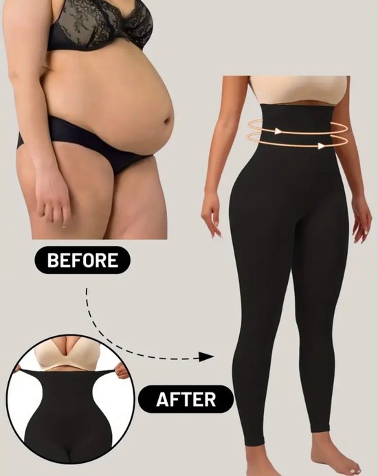 Voor-en-na vergelijking: voor een mollig figuur, na een figuurvormend effect met zwarte legging met hoge taille.