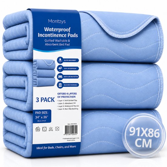 Protège-lits imperméables Montzys, lot de 3, bleu clair, 91x86 cm, 4 couches de protection.