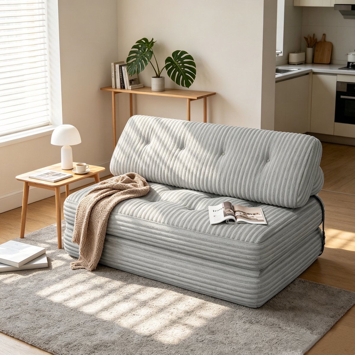 Bealife AR33 Slaapbank - Opvouwbaar - 2 Persoons Vouwbank- Corduroy - Zacht - Voor woonkamer en slaapkamer – Grijs