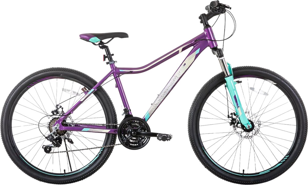 Happiq Dames mountainbike 51–69 cm – Voor recreatief en sportief gebruik op terrein – Met 21 versnellingen vergrendelbare verende vork en dubbele schijfremmen – Paars aluminium frame