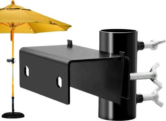 Zwarte parasolklem met schroeven, naast een gele parasol op een zwarte standaard.