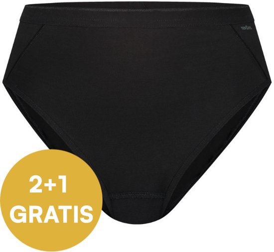 Zwarte slip van Ten Cate met hoge taille. '2+1 GRATIS' sticker in cirkel op de voorkant.