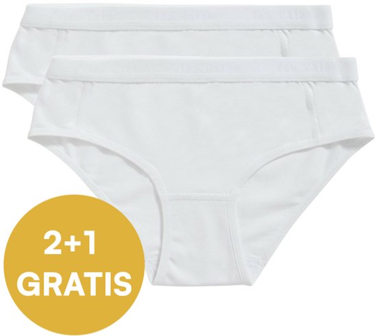 Twee witte slips met elastische tailleband. Met '2+1 GRATIS' cirkel.