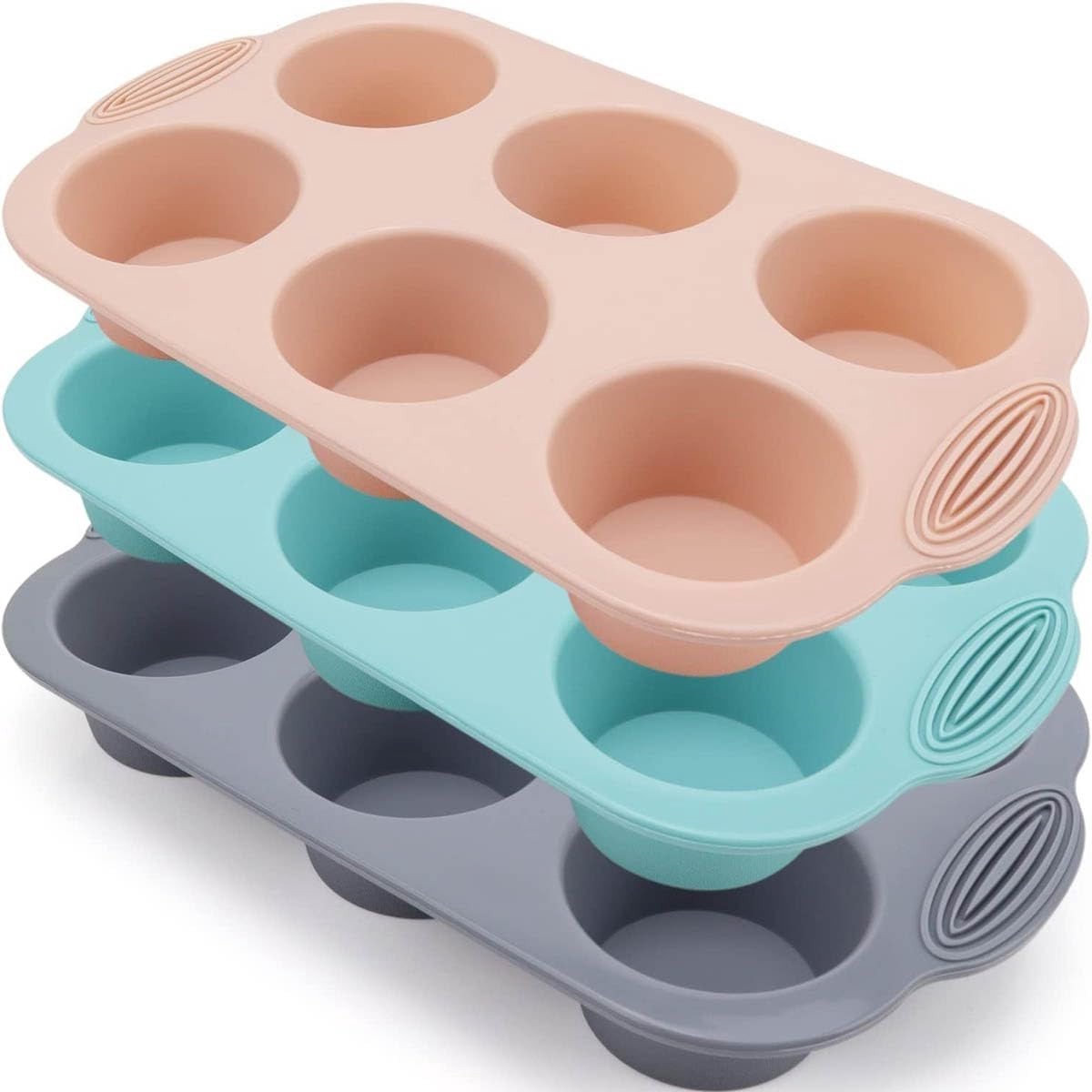 Set van 3 Silicone Muffin Bakvormen in Grijs, Roze en Pauwblauw voor Cupcakes, Brownies en Taarten