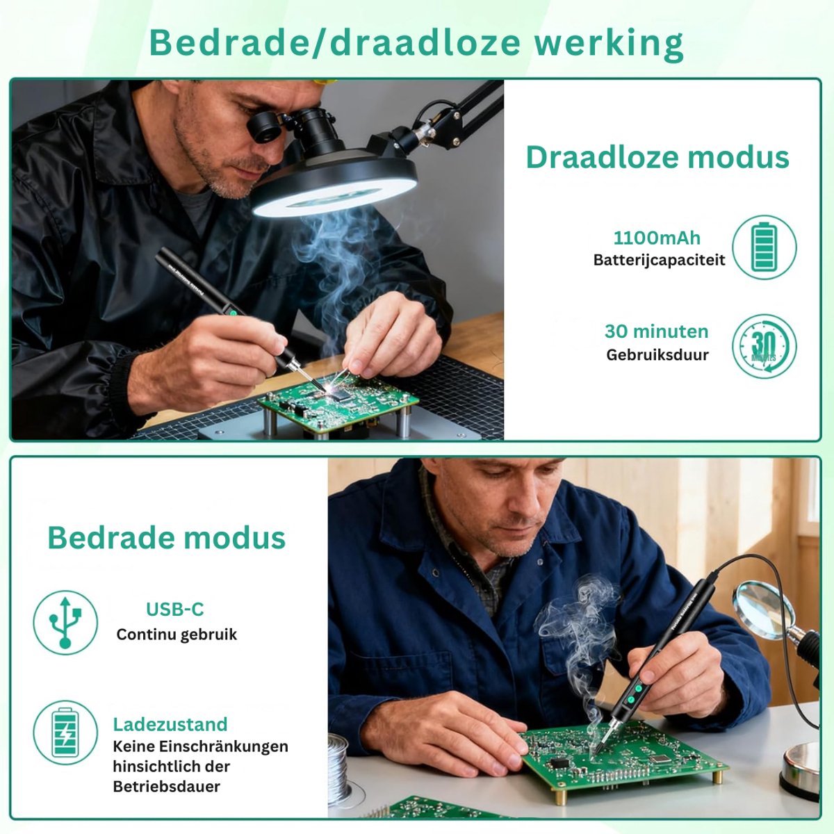 HEZIVO® Draadloze Soldeerbout set - Soldeerstation Compleet - Reparaties en Elektronica - Instelbare Temperatuur - Met 3 Soldeerpunten - 180-450 °C – foto 7