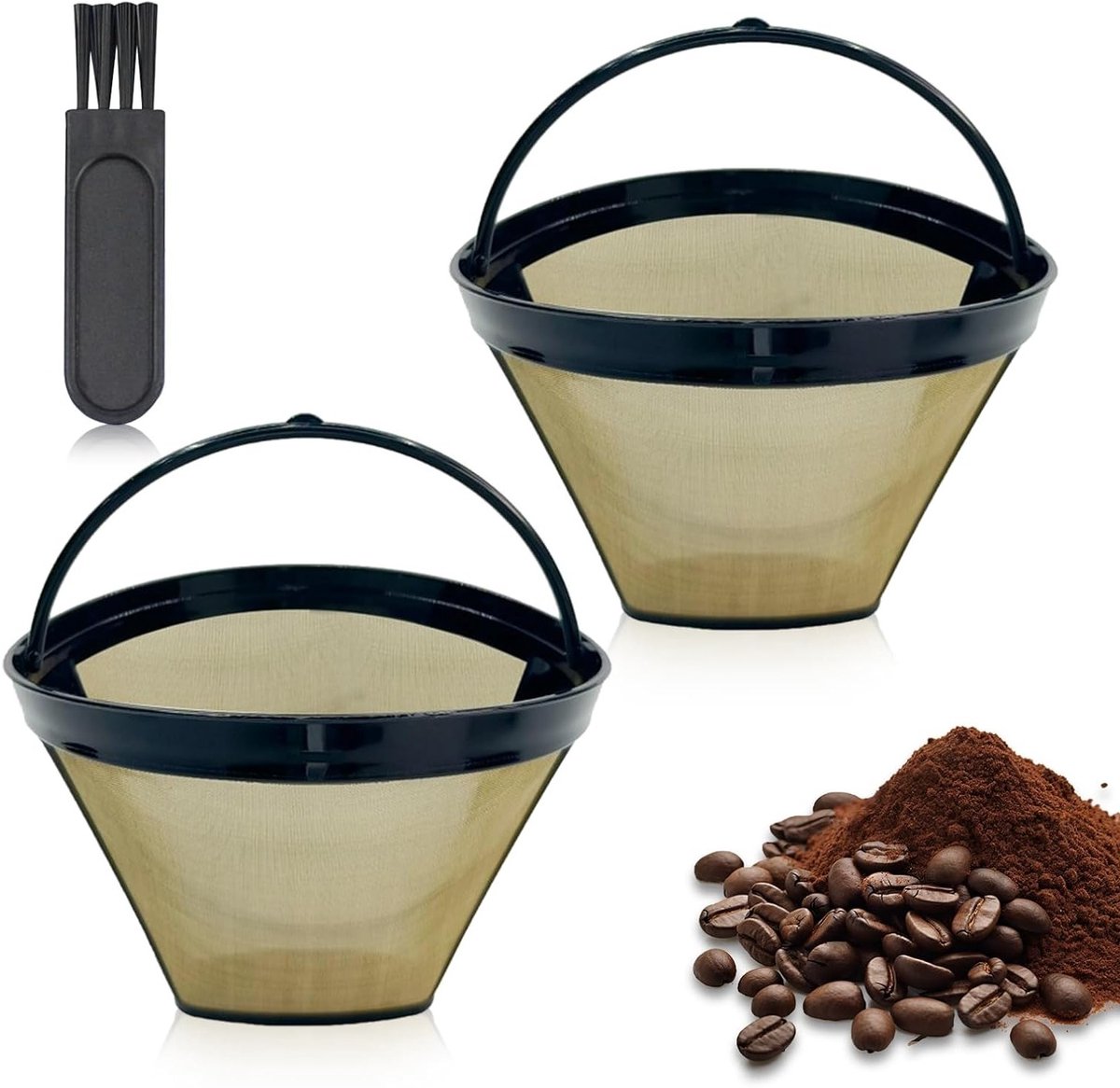 Koffiefilter van roestvrij staal, herbruikbaar en wasbaar, met borstel en mesh mandje voor de meeste koffiezetapparaten