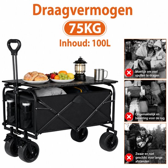 Opvouwbare Bolderkar met Tafelblad - 150L - 250KG Draagkracht - Camping & Strandwagen - Zwart van Merkloos — afbeelding 3
