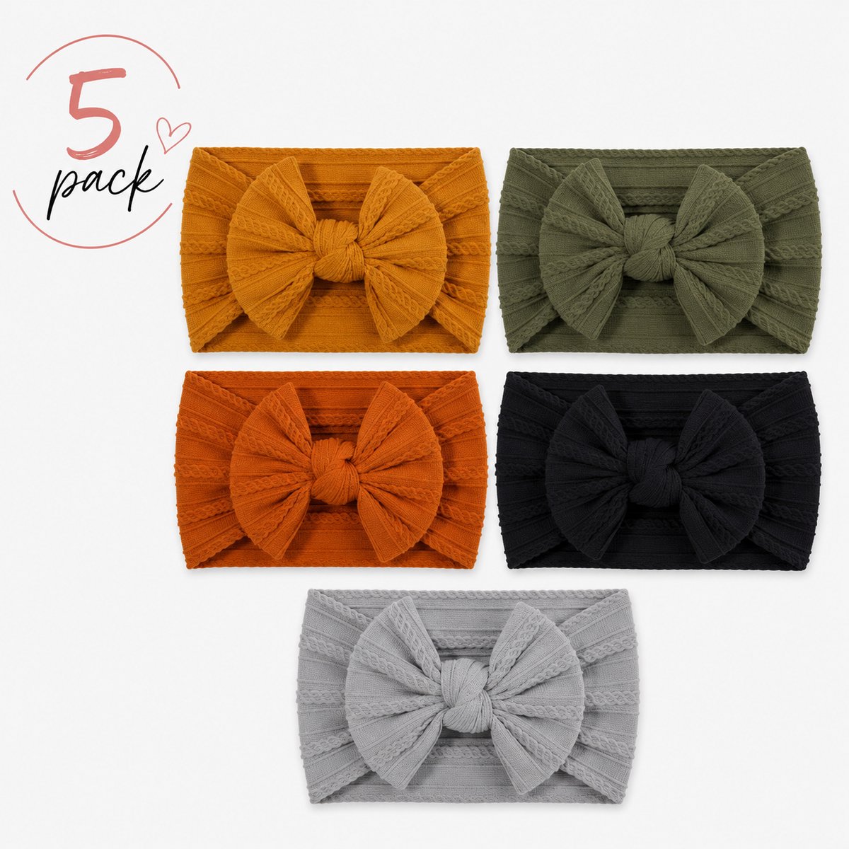 Haar in Stijl® Haarband Heidi 5 pack - Basic set - Brede en zachte baby haarband met een strik - nude kleuren - wit beige honing ivoor zalm cadeauset
