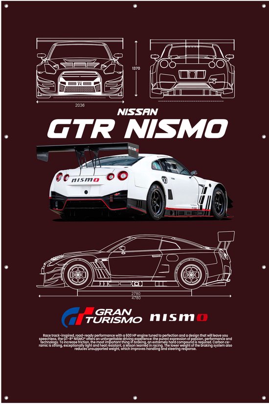 Poster de jardin avec la Nissan GTR Nismo, vues avant, latérale et arrière, style blueprint.