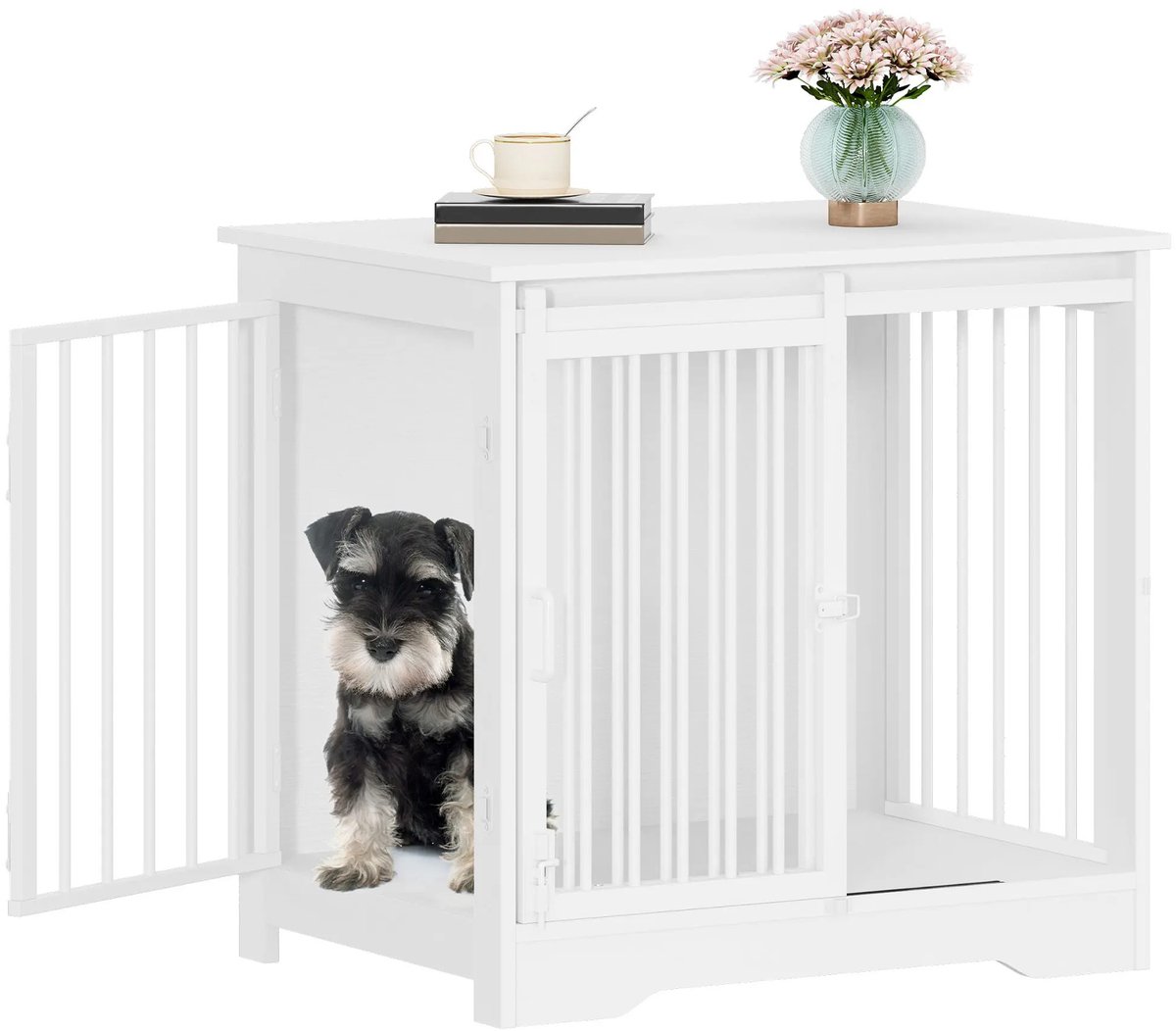 NordHaus Hondenbench Meubel - Hondenkooi voor Binnen - Bijzettafel voor Honden - 2 Deuren met Schuifsysteem - 69 cm - Wit