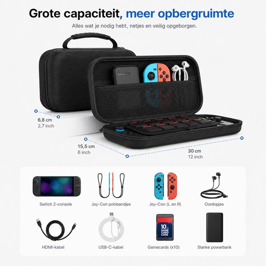 BOTC Case Geschikt voor Nintendo Switch 2 - Met opbergvak voor 12 games - Hoesje Geschikt voor Switch 2 - Waterdicht en schokbestendig - Zwart